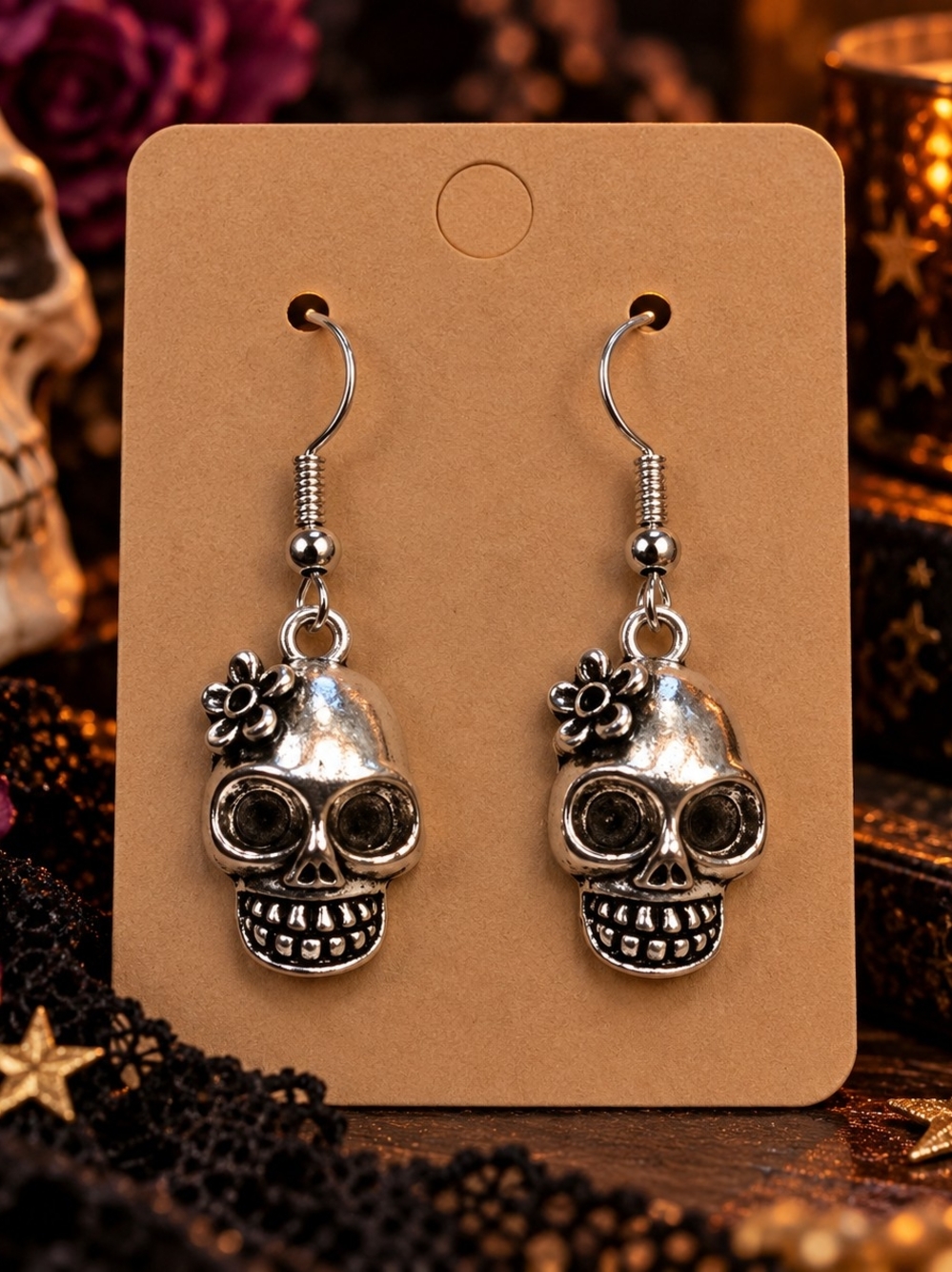 Silver Tone Metal Skull Flower Dangle Drop Earrings New